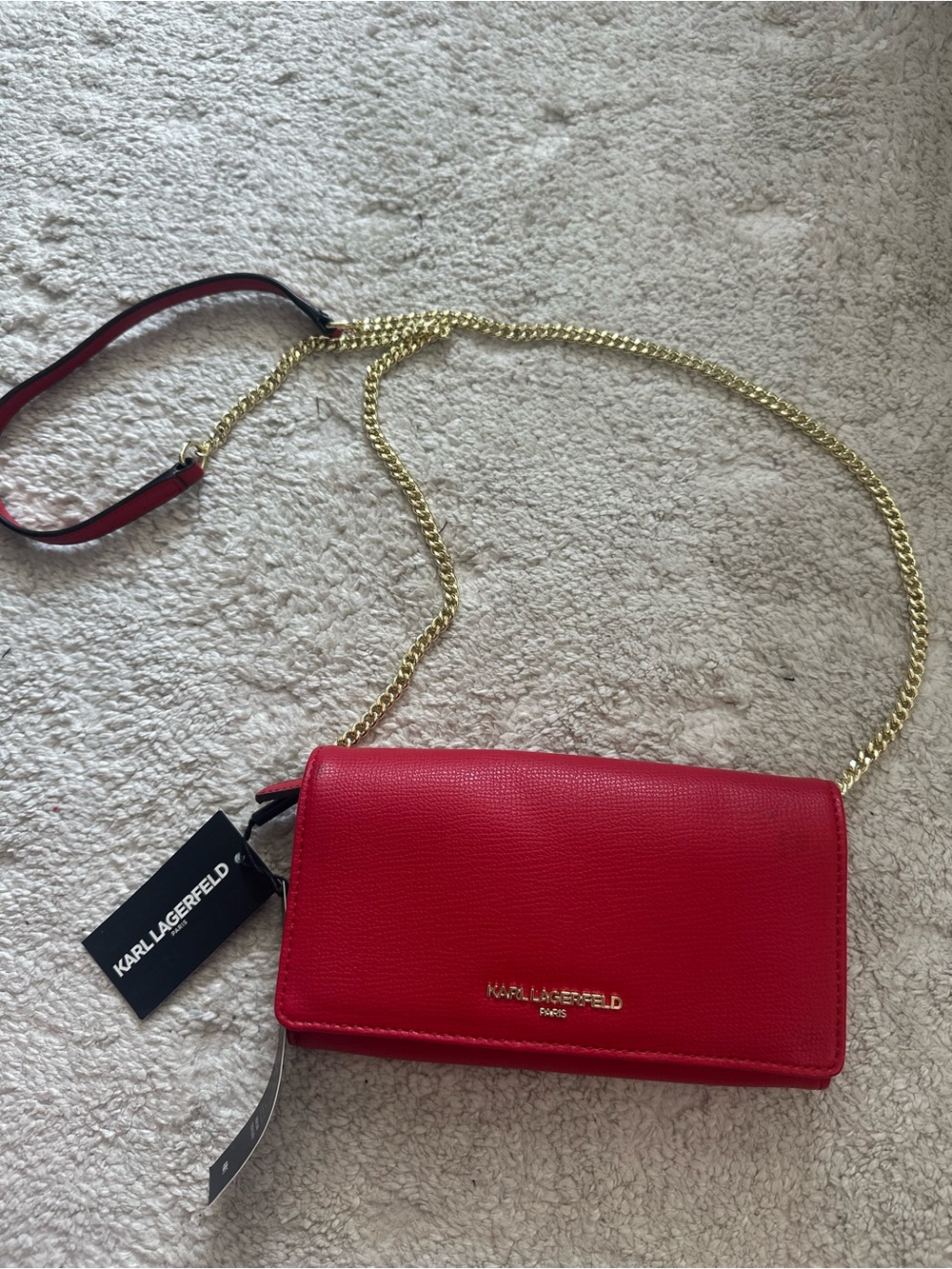 Karl Lagerfeld Red Leather Wallet-On-Chain with Gold Chain